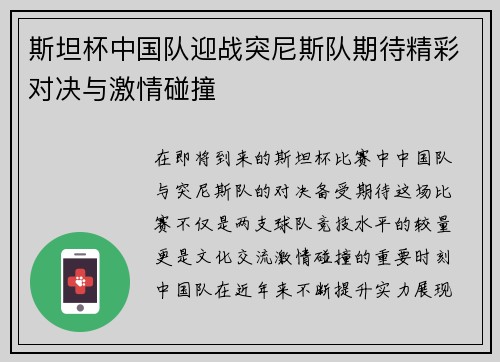 斯坦杯中国队迎战突尼斯队期待精彩对决与激情碰撞